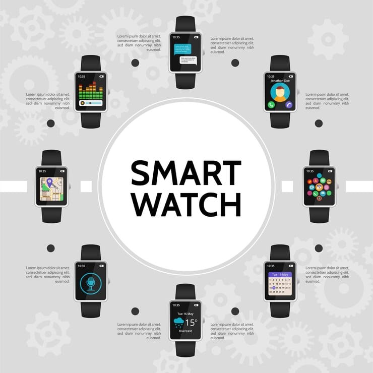 flat smart watch round concept with weather navigation map microphone calendar call chat music applications 1284 51059