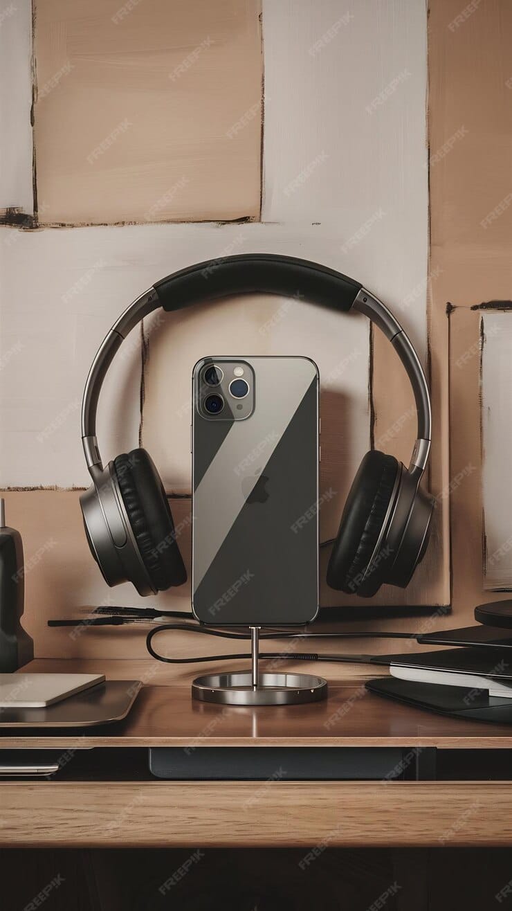 high angle smartphone desk with headphones 1042628 534732
